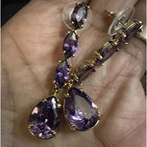 Gold Plated Purple Teardrop Stud Dangle Earrings
